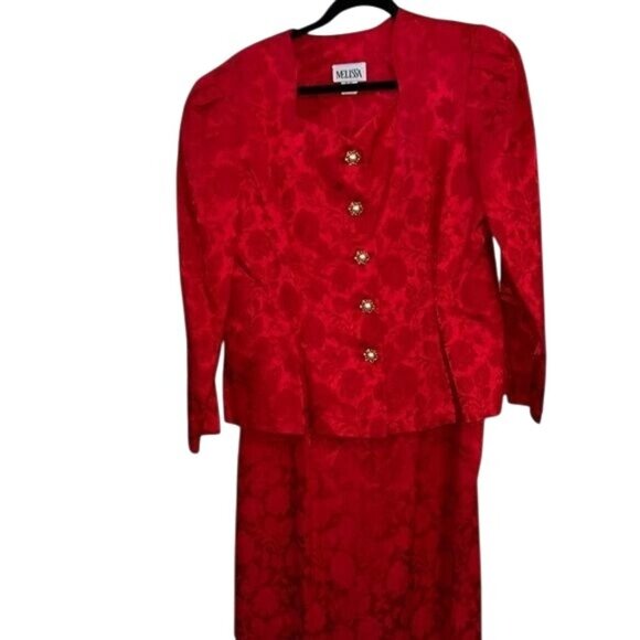 Vintage Melissa Red 2-Piece Dress Suit Set Size 16M Floral Jacquard Button-Up To - Picture 1 of 13